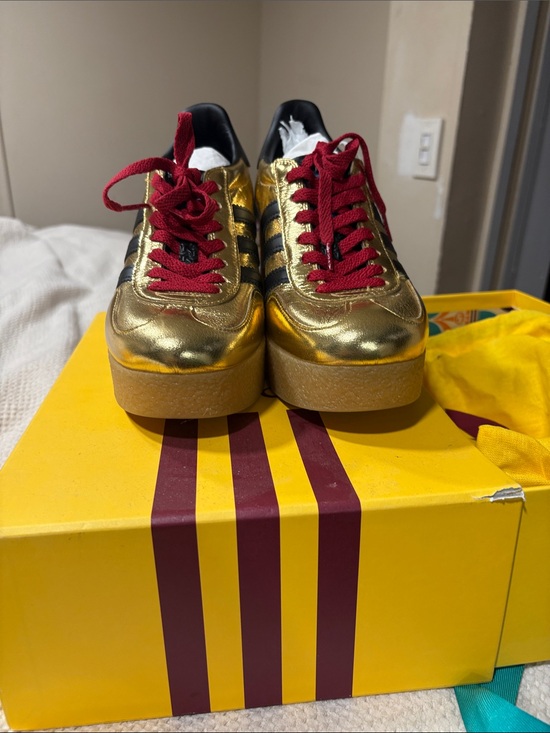 Gucci Shoes - Gucci Metallic Gold Platform Sneakers with Red Laces